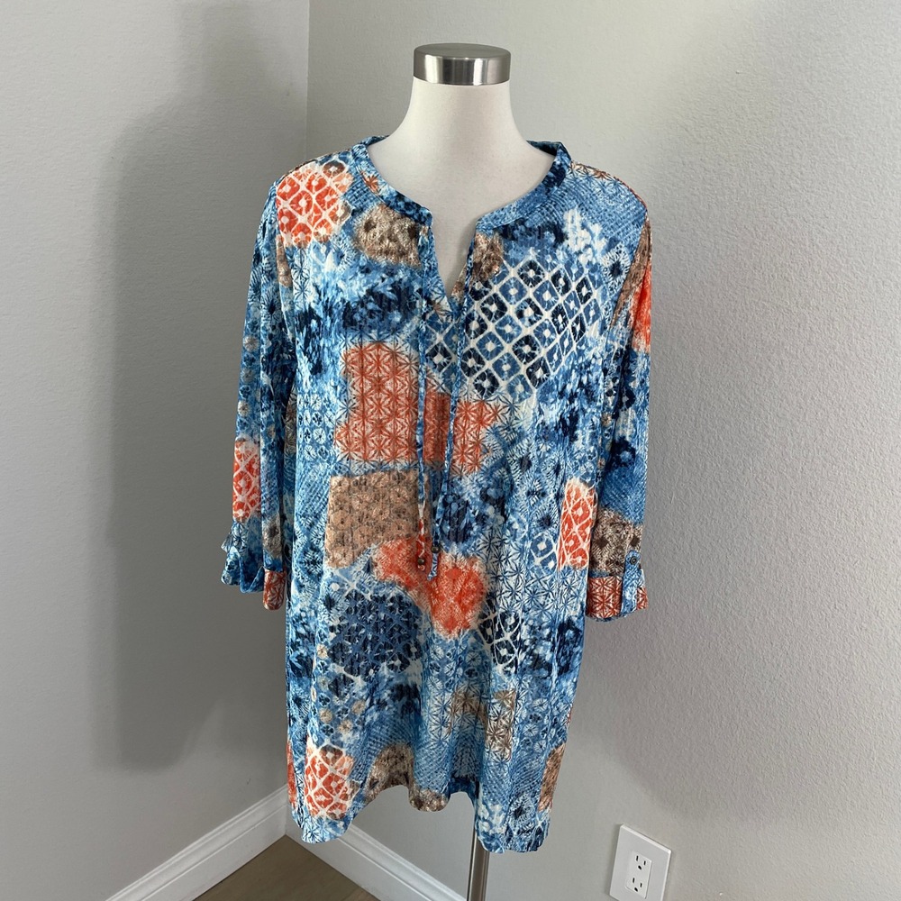 Catherines Womens Plus 2XWP 22/24WP Blue Orange Geometric Patchwork Tunic Top